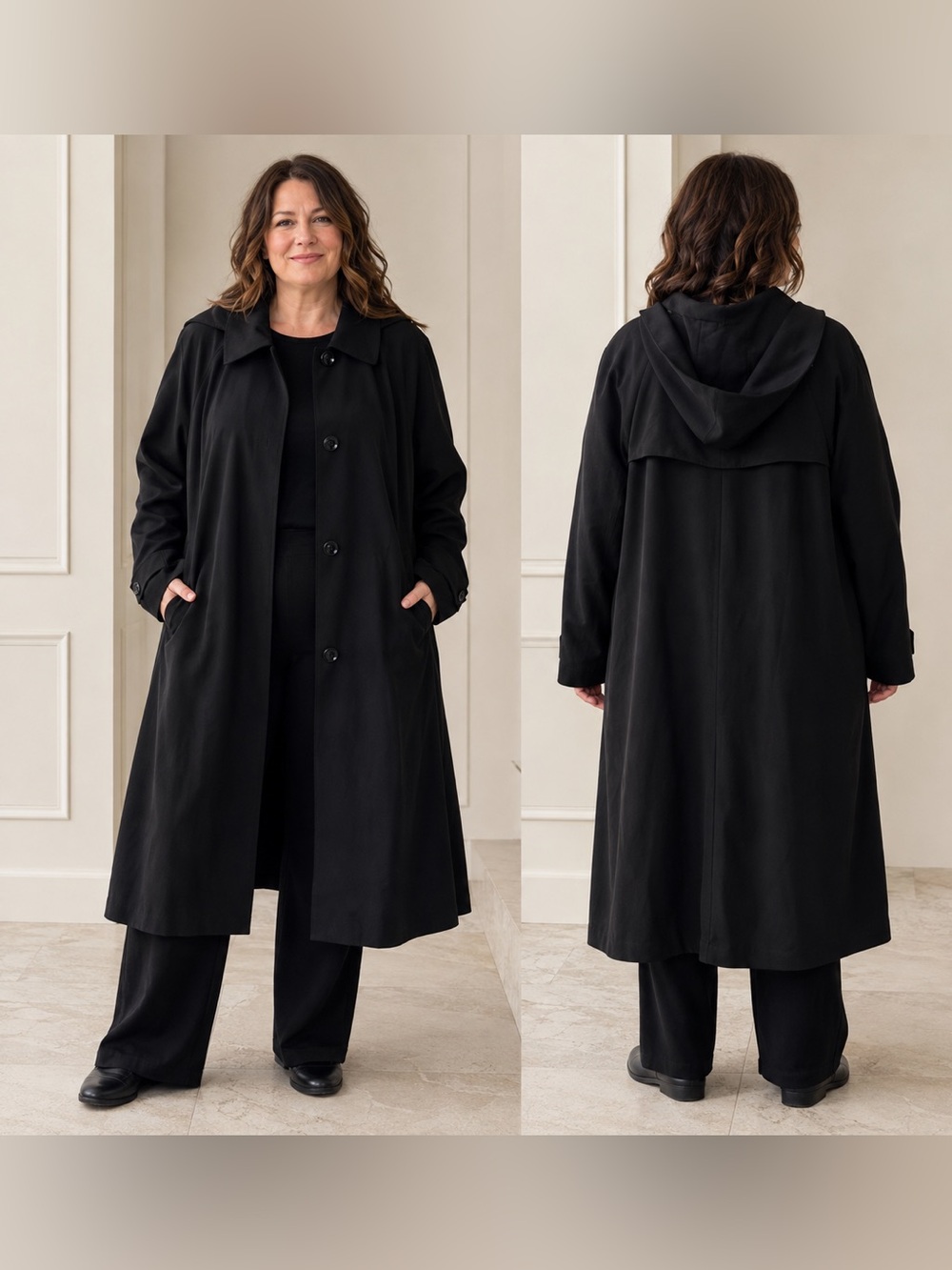 Gallery Black Hooded Belted Trench Belted Coat Size L Petite